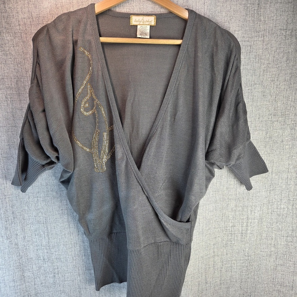 Baby‎ Phat Vintage Grey Sweater Crossover Front Rhinestone Cat Y2K Size XL Retro